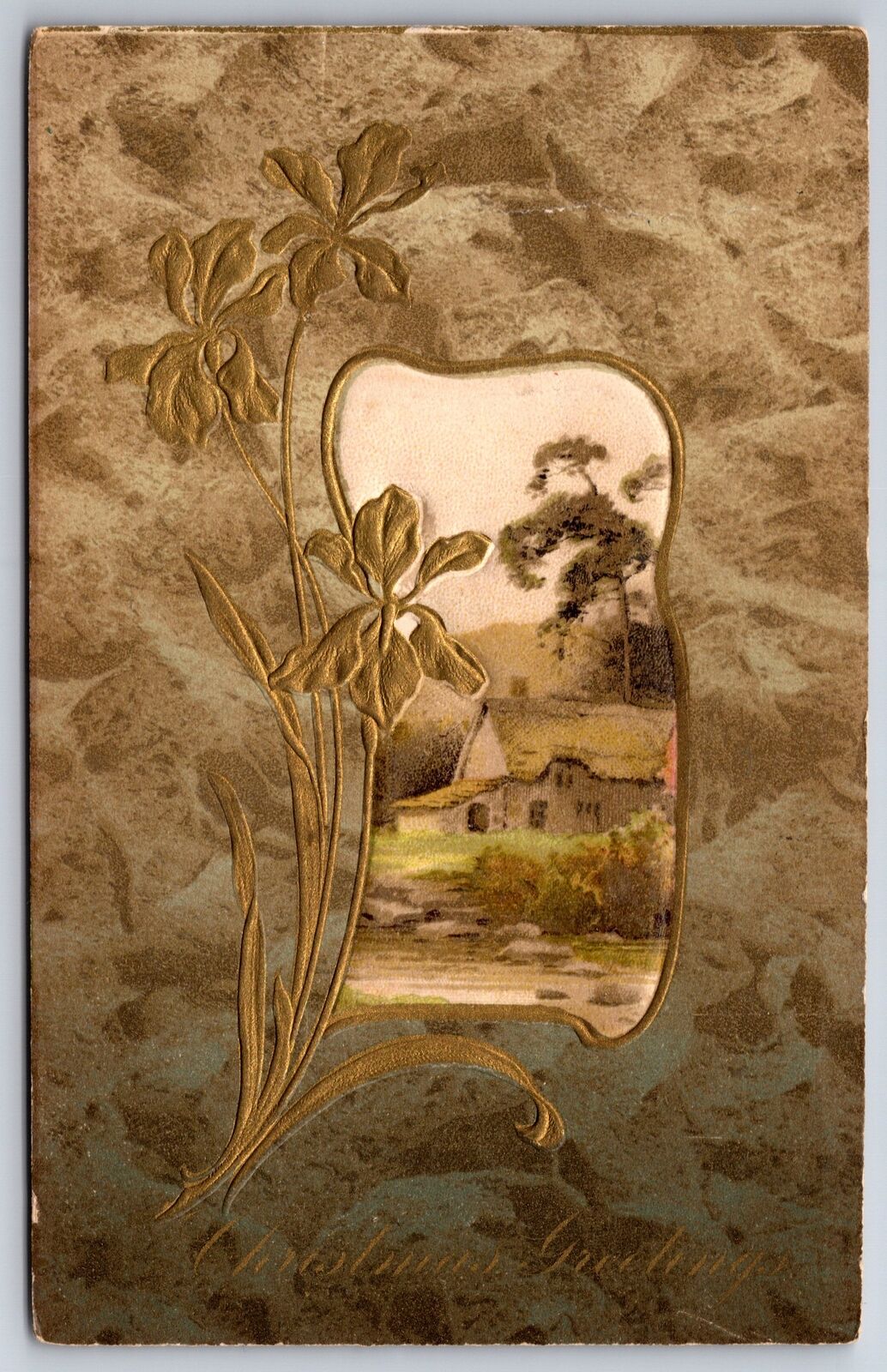 Christmas Greetings~Lake Home Inset~Gold Flowers~Art Nouveau~Emb~1907 Postcard