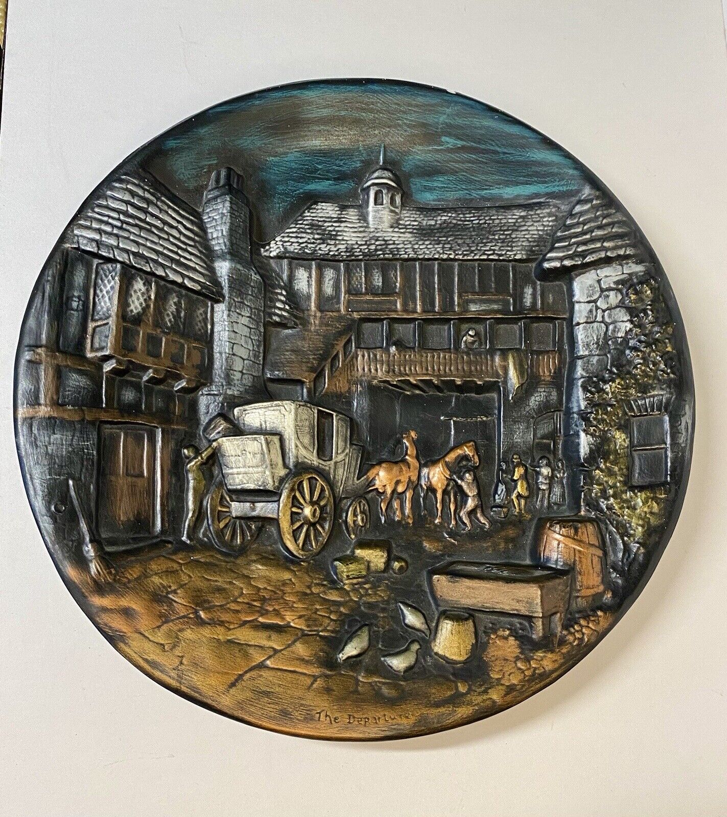 Vintage 14.0” Plate “The Departure” Horse & Buggy Hand Crafted & Painted 3 D