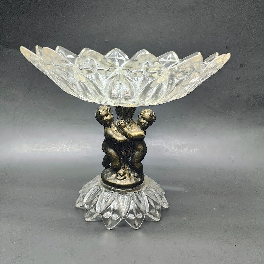 Vintage Candy Dish Compote with Brass Metal Cherub Base Clear Glass 