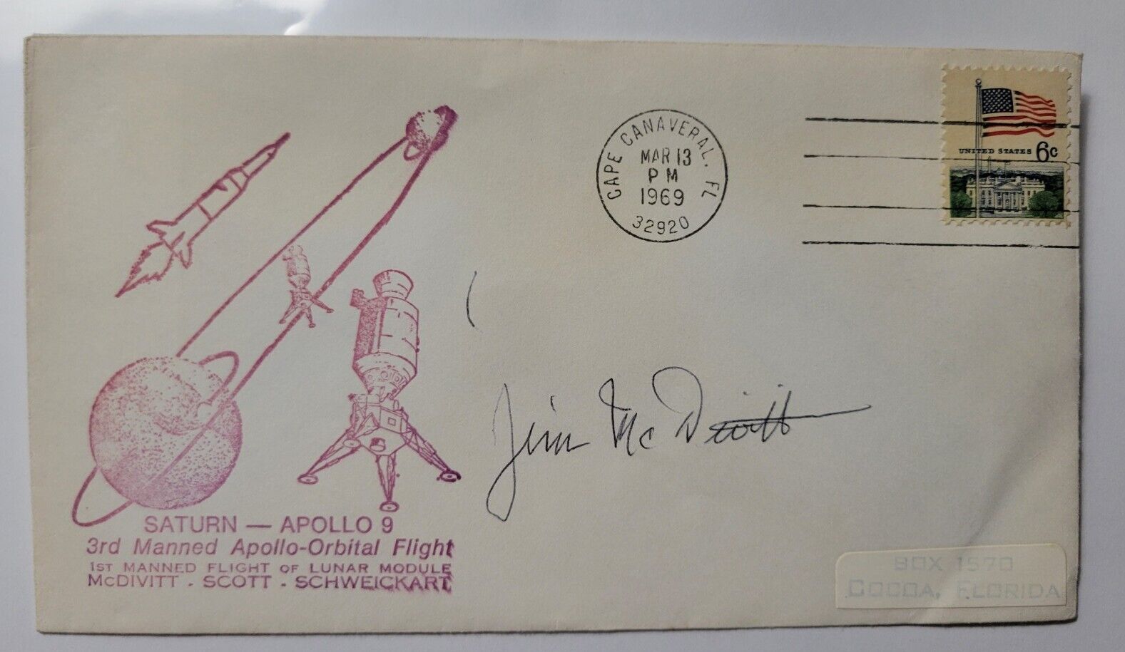 James McDivitt SIGNED Apollo 9 Postal Cover 3/13/69 1st Man Flight Lunar Module