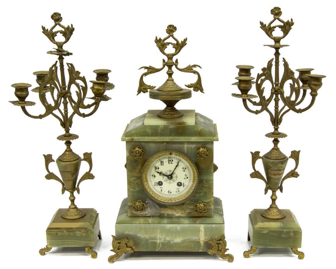 Antique Clock , Napoleon III Onyx Clock & Garnitures, Gilt Metal Urn, 1800s