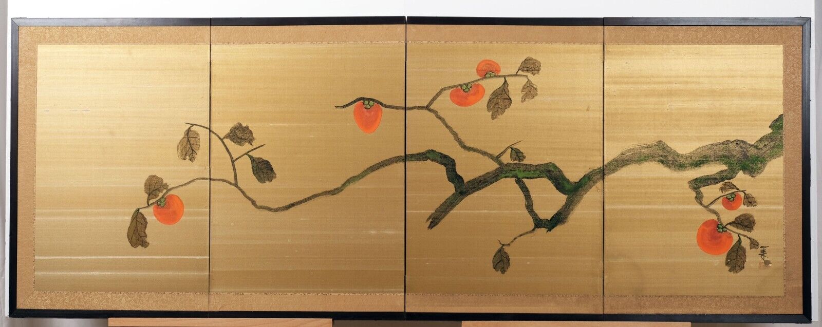 Japanese 4-Panel Byobu Fruiting Persimmon Tree Hand Signed & Painted Divider