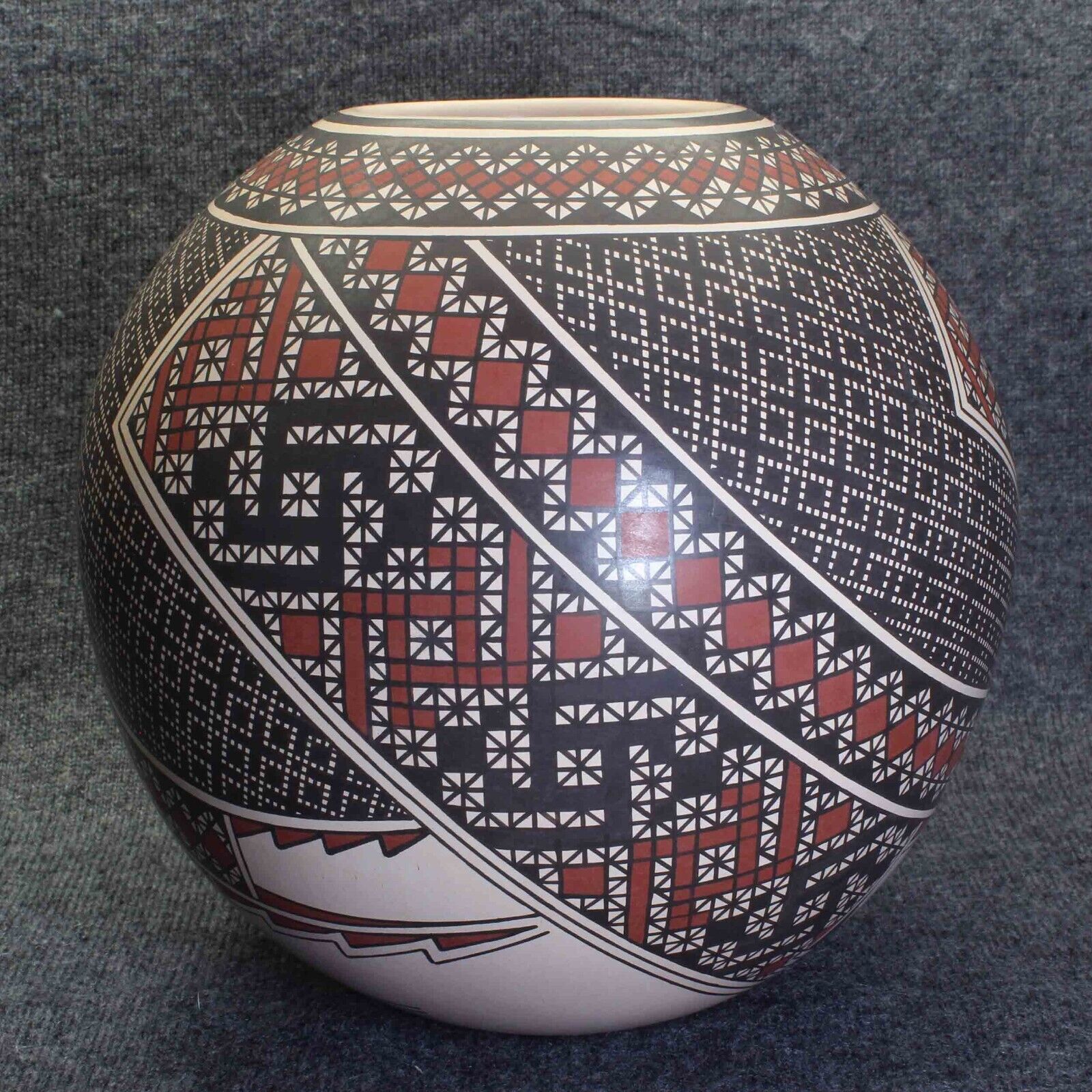 Round Large Mexican Pottery Intense Hand Painted Patterns Hand Coiled Folk Art