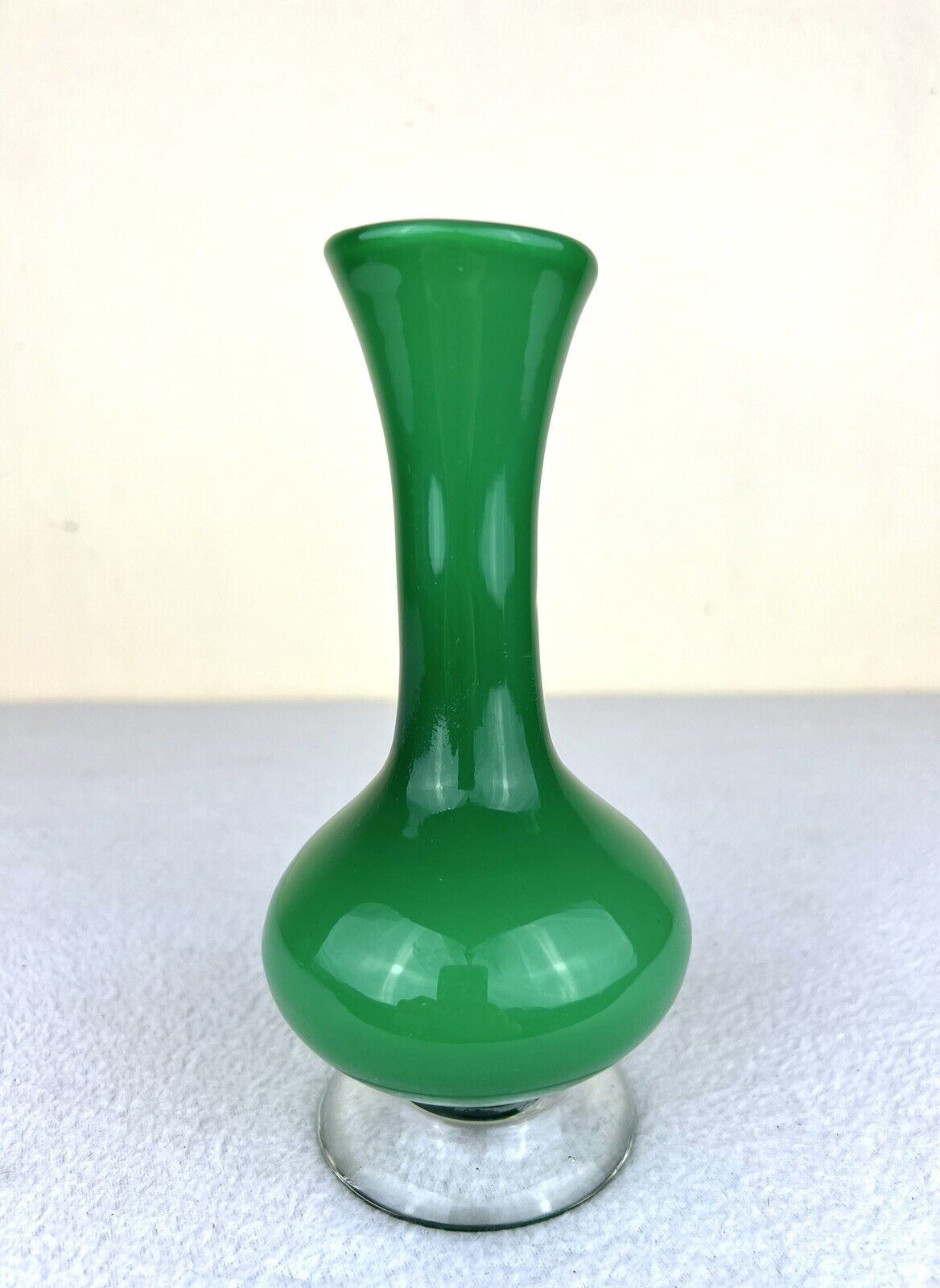 Vintage Handblown Small Green Glass Vase With Clear Stemmed Bottom 6.5” MCM