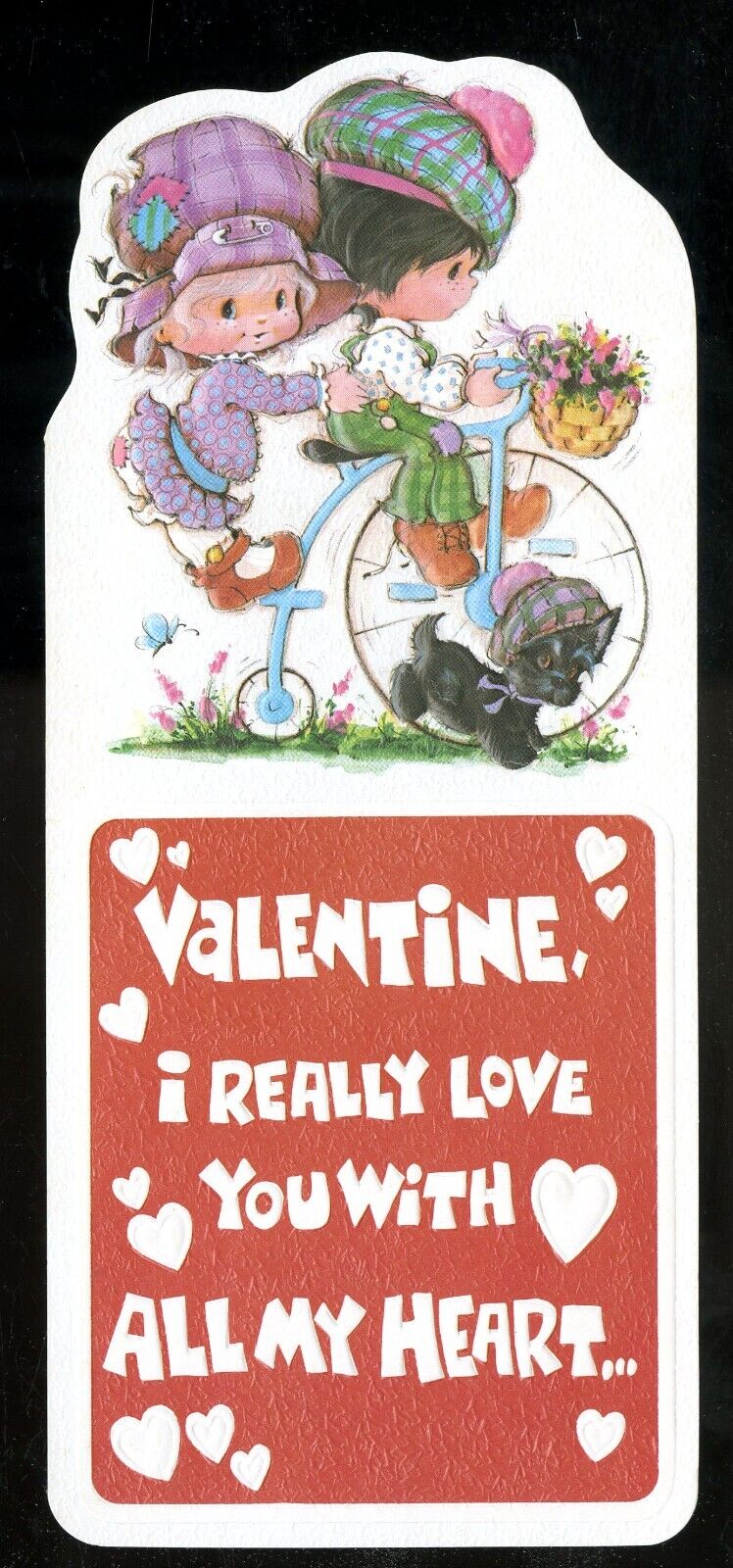 Vintage Valentines Day Card Retro BONNIE BONNETS SCOTTIE DOG & BICYCLE NOS
