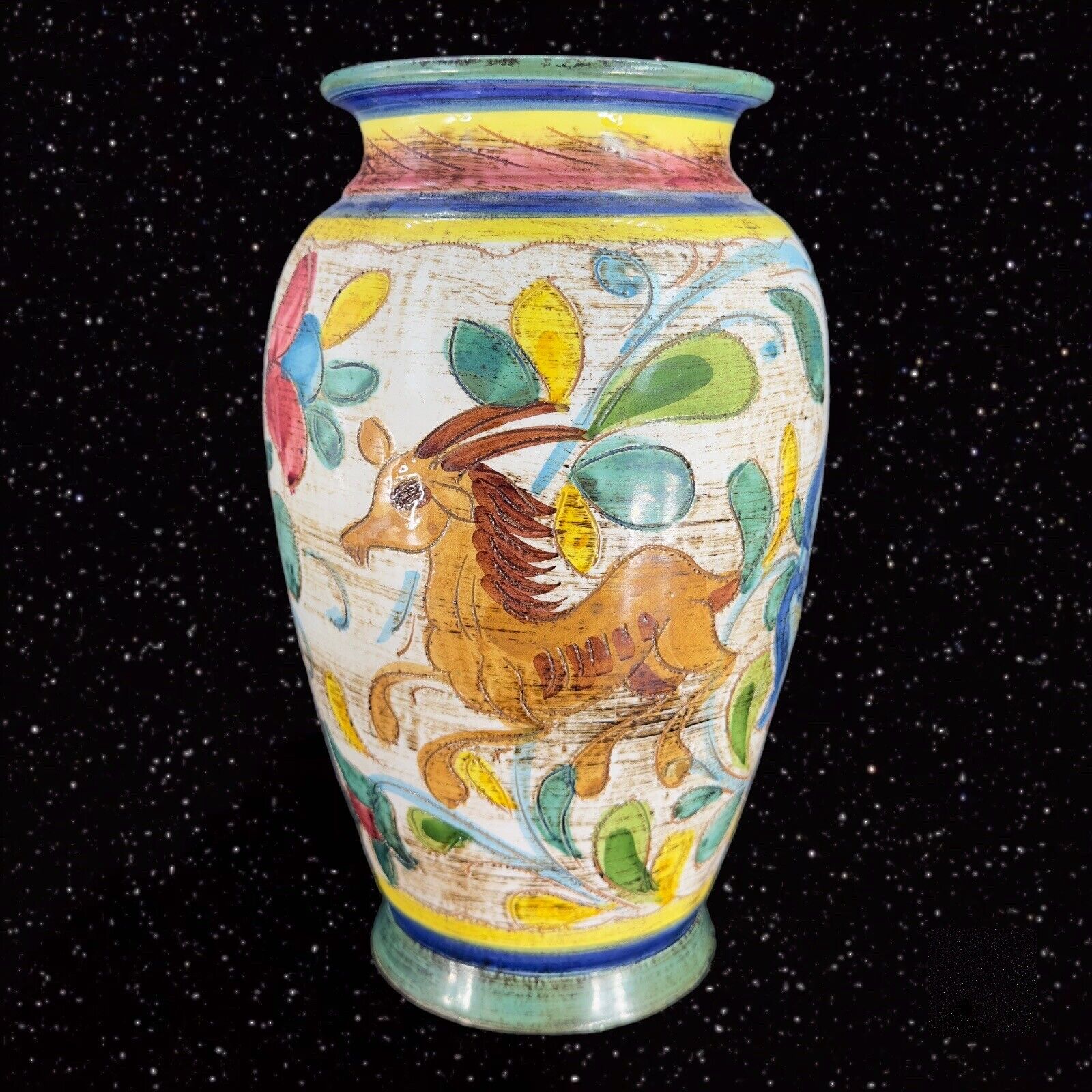 Vintage Italian Pottery Large Vase Marked Whimsical Painted Animal W Flowers