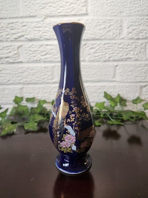 Vintage Japanese Lacquered Peacock Cloisonne Bud Vase 8.25”T