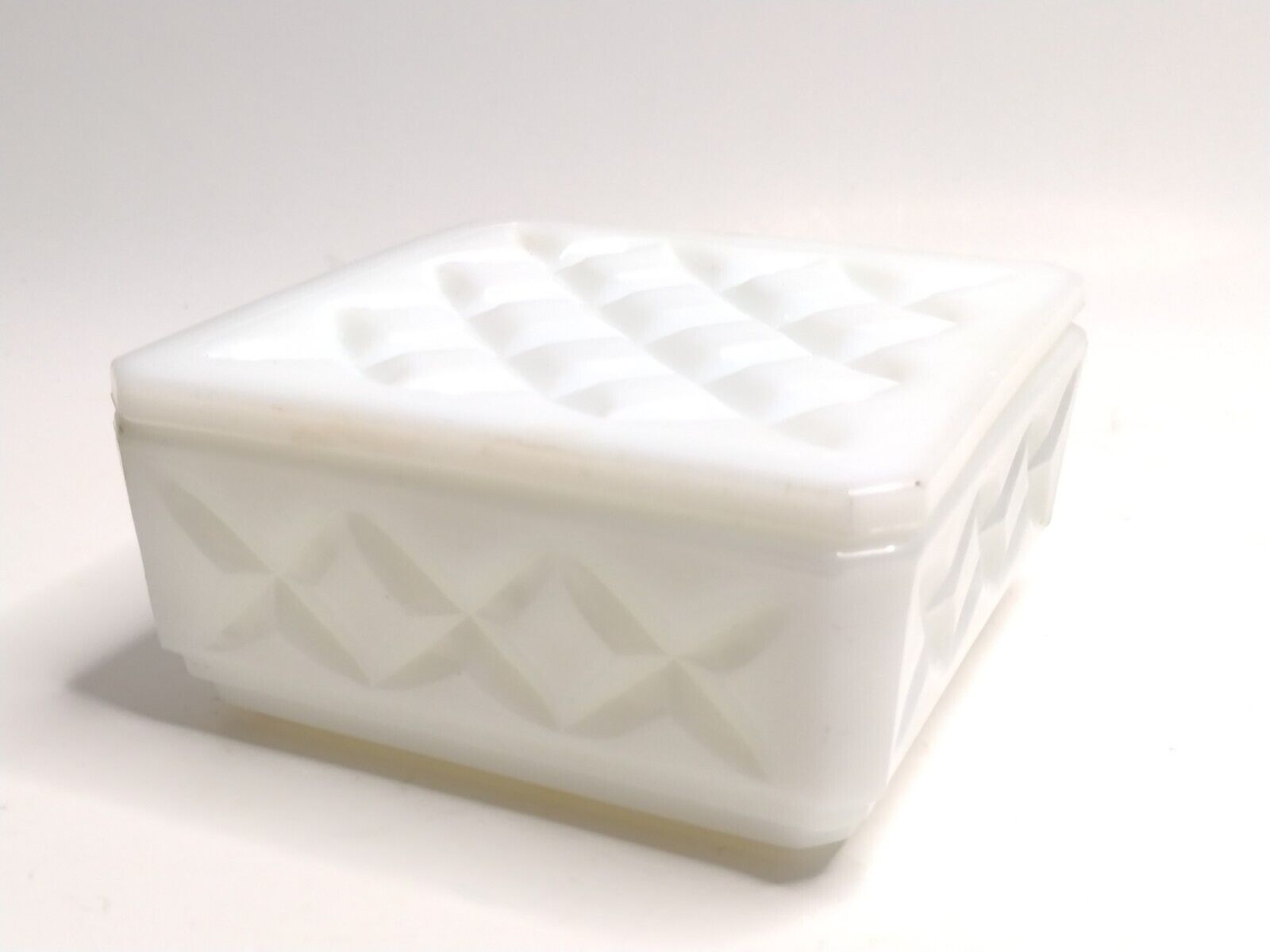Milk Glass Pressed Diamond Quilted Pattern Square Lidded Trinket Box 