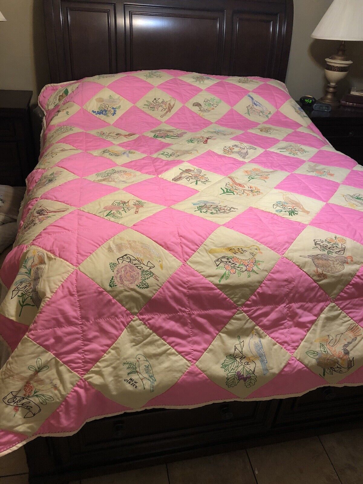 Antique Quilt Pink With State Birds Hand Painted And Quilted, Never Used