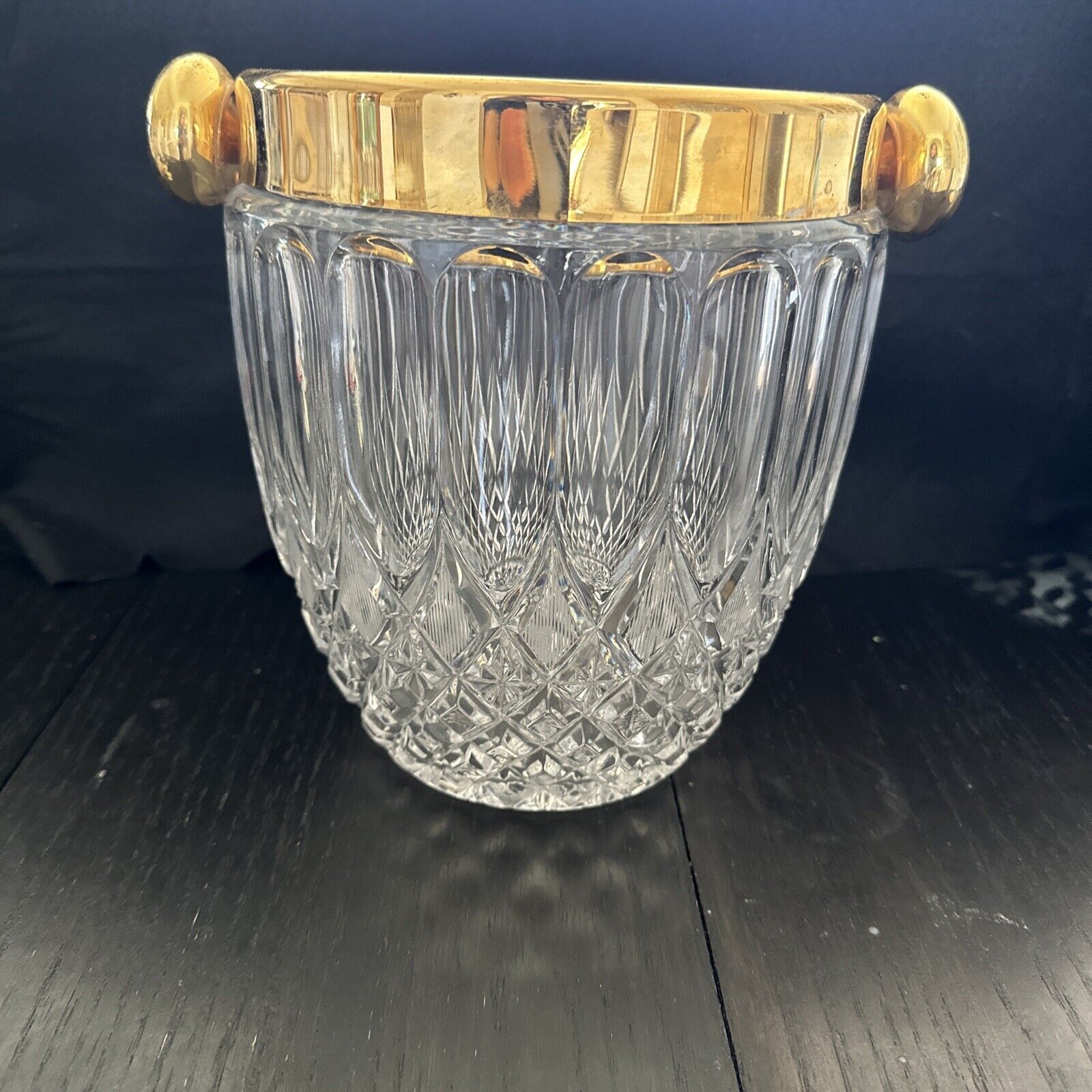 Vtg Large French Heavy Deep Cut Crystal Gold Trim  ice bucket / barware 9.25” T