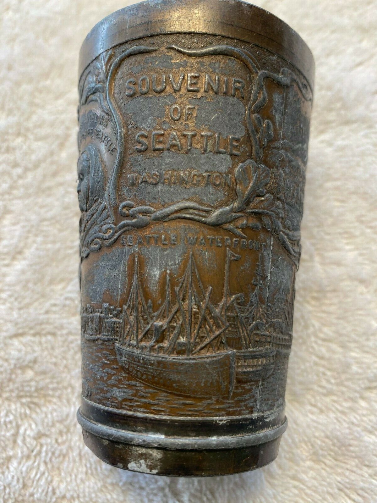 Vintage Seattle, Washington Souvenir, 1930's, Famous Sites on Ornate Metal Cup