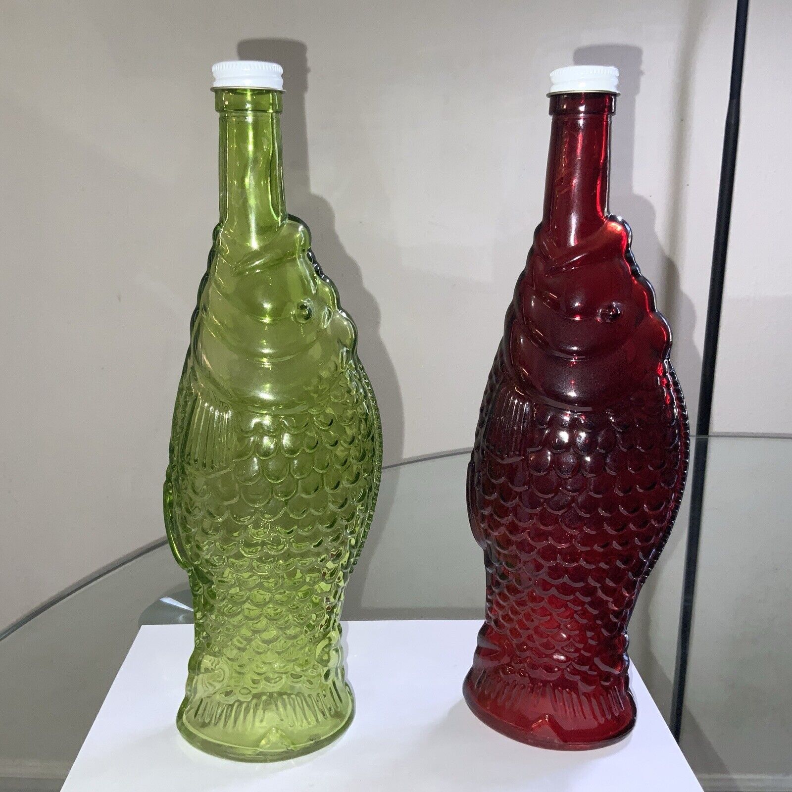 Lot Of 2 12” Fish Shaped Bottle Wine Bottles With Lids - Red And Green Set Of 2