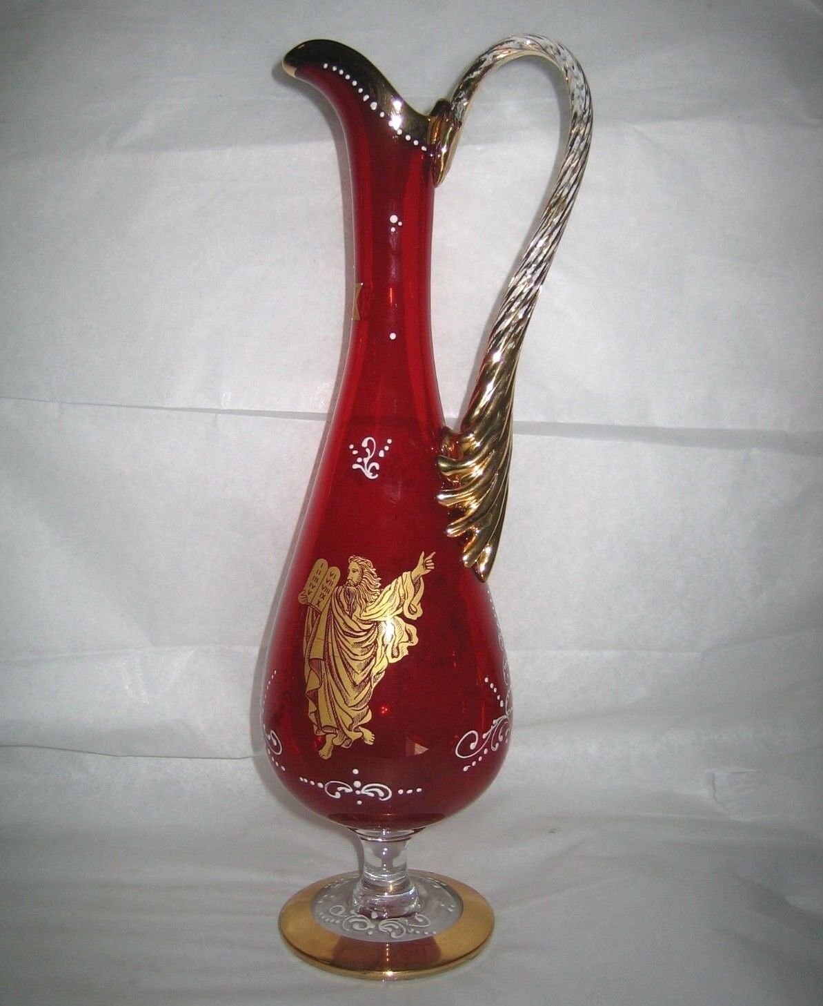 VTG JUDAICA RUBY RED & GOLD GLASS PITCHER Passover MURANO stemware star of david