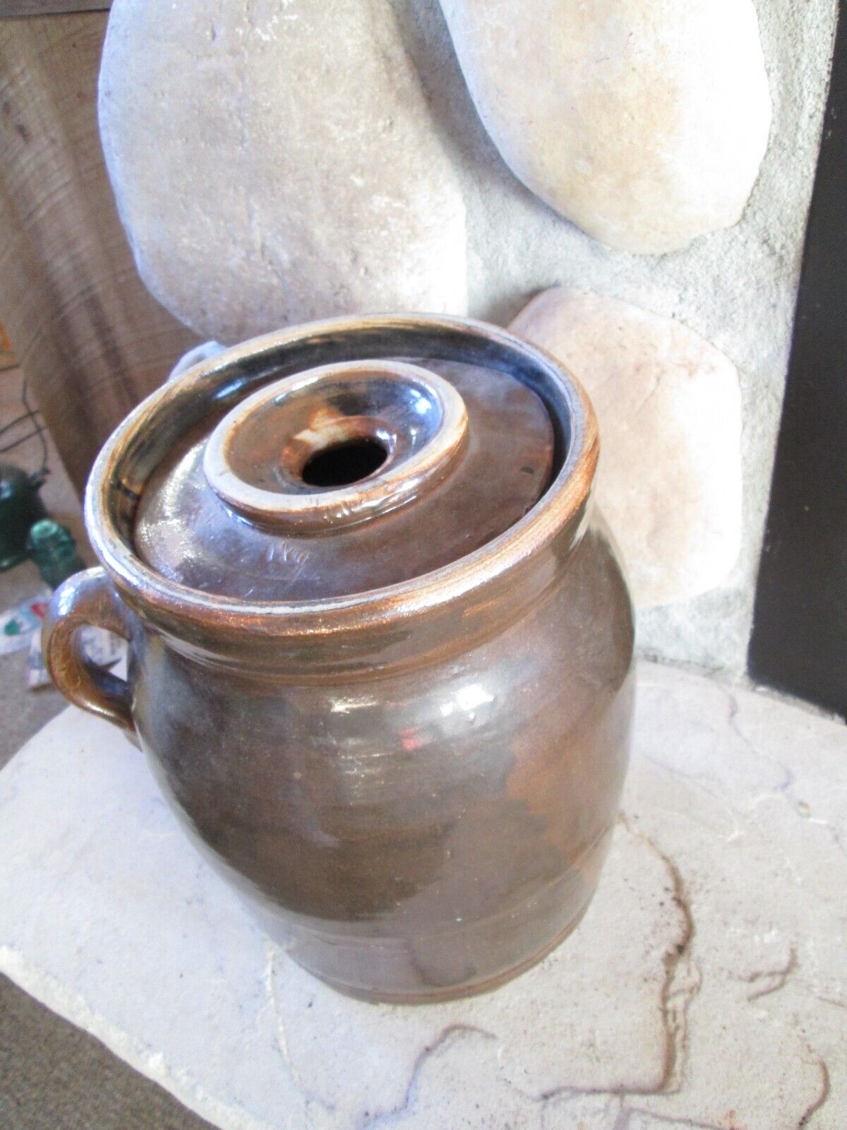 Vintage Antique Stoneware Crock Brown glaze Jar Storage