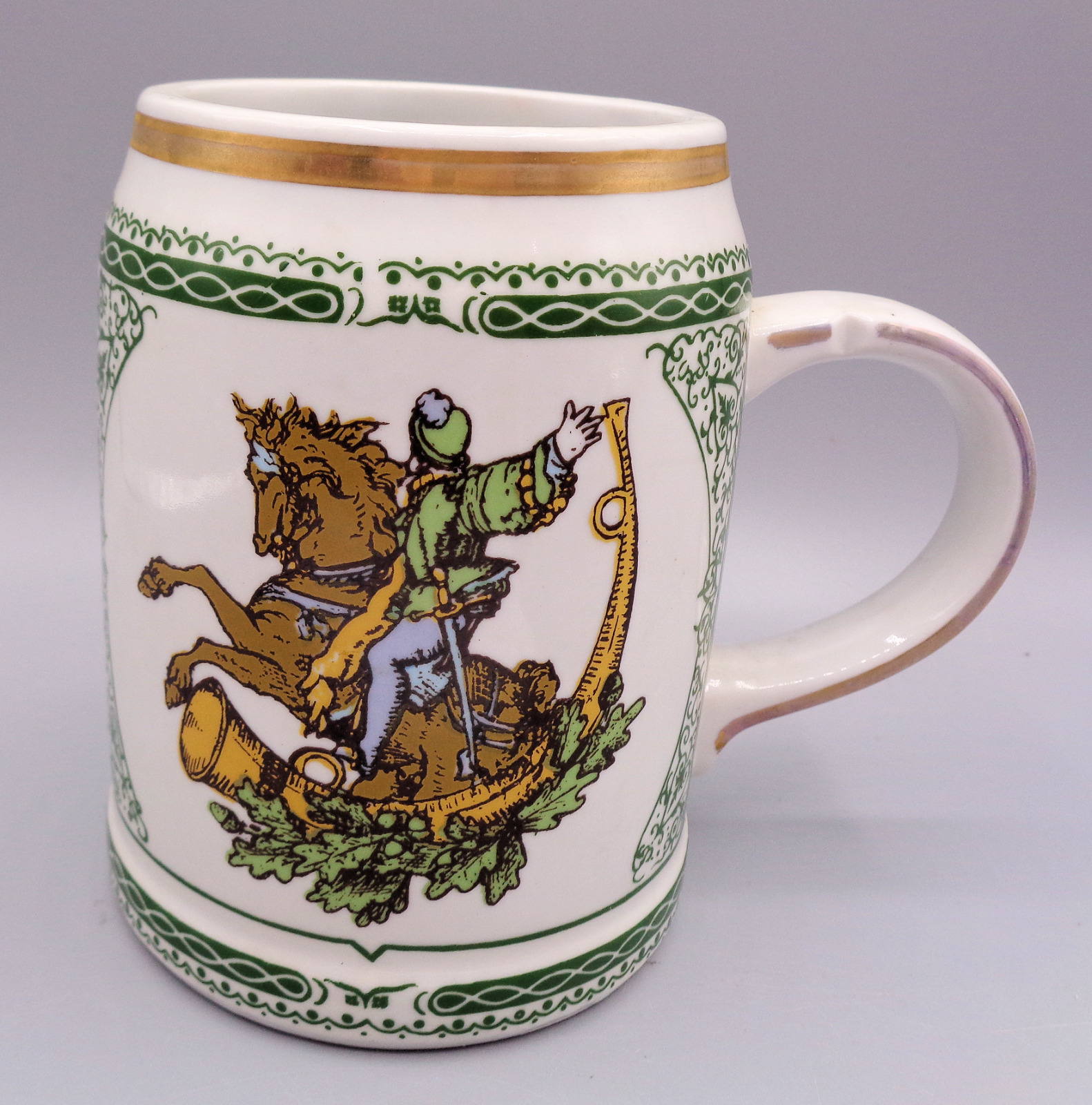 Vintage Porcelain German Beer Mug Man Hunting Deer On A Horse And Carrying Horn