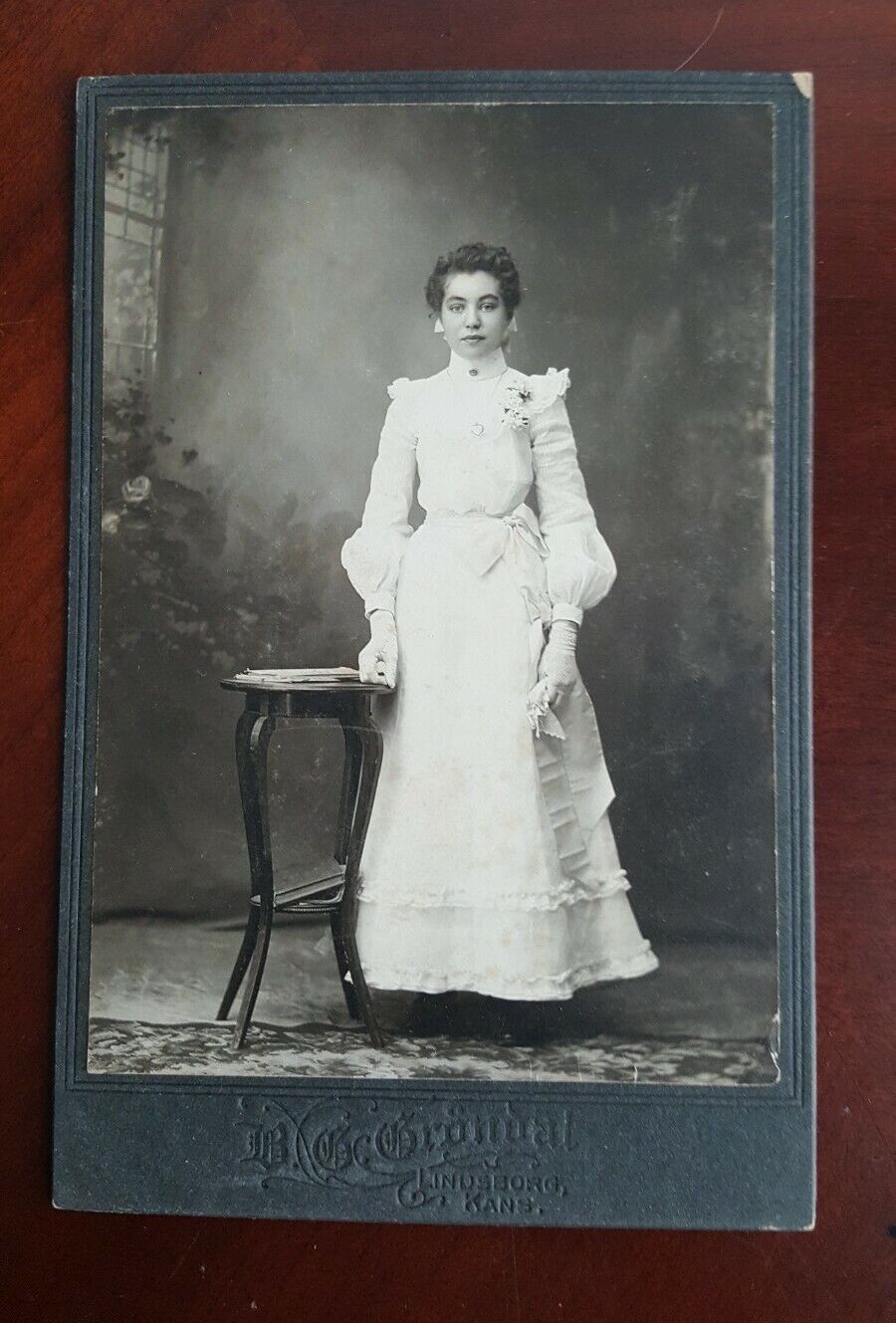 Antique Photograph Cabinet Card Beautiful Woman in White Dress Kansas 4.25 x 6.5