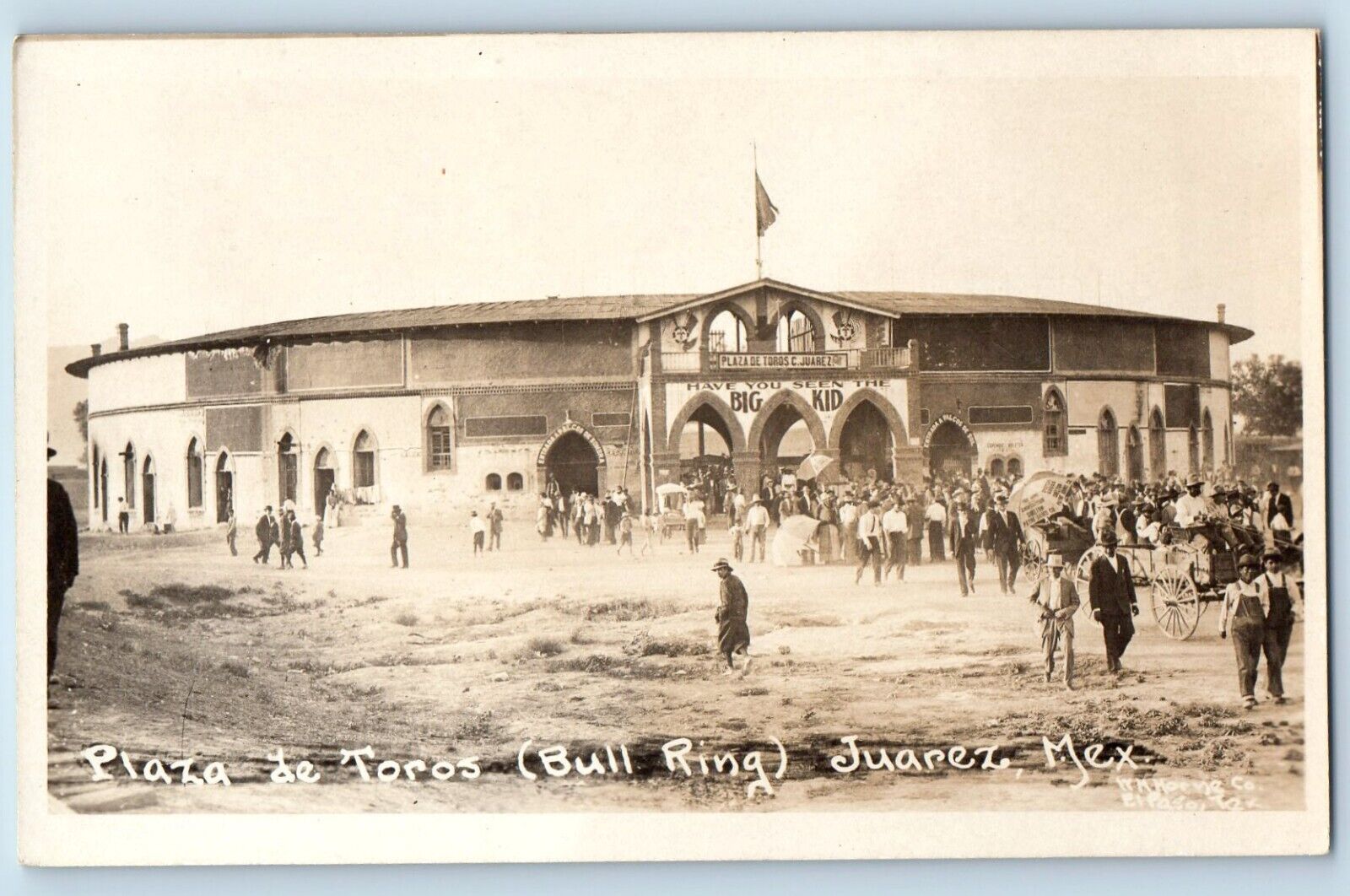 Juarez Mexico Postcard RPPC Photo Plaza De Toros Bull Ring Big Kid Wagon c1910's