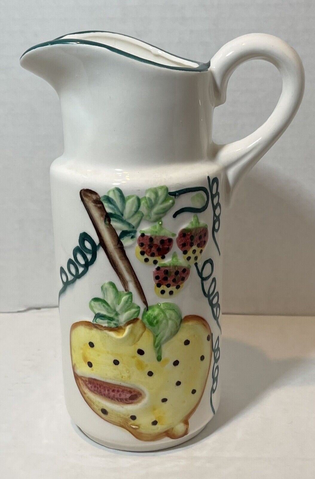 Vintage Ceramic Pitcher Hand Painted Strawberry Design 8.5”