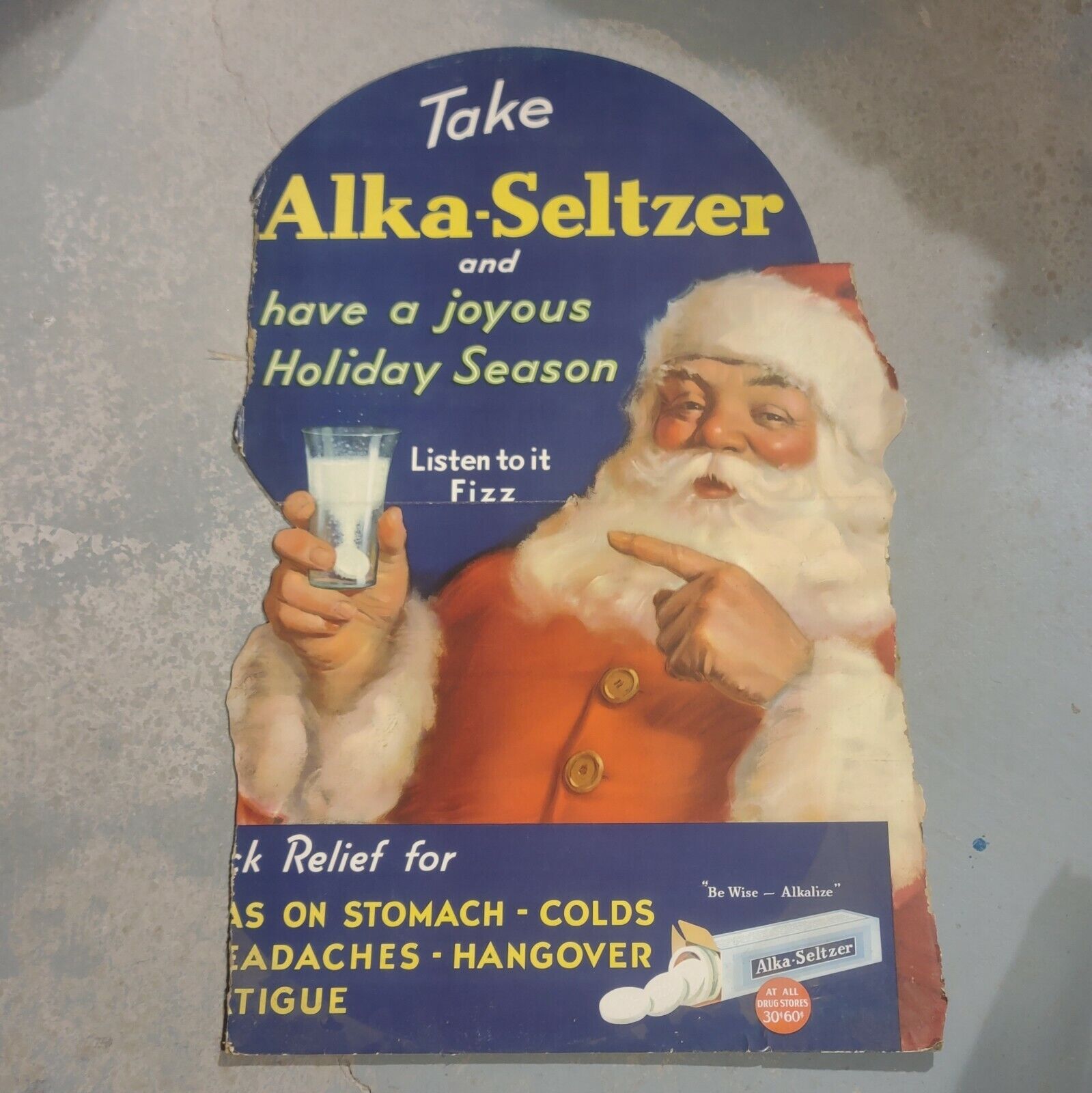 Vintage 50s Alka Seltzer Santa Clause Cardboard Advertisement Sign 39\