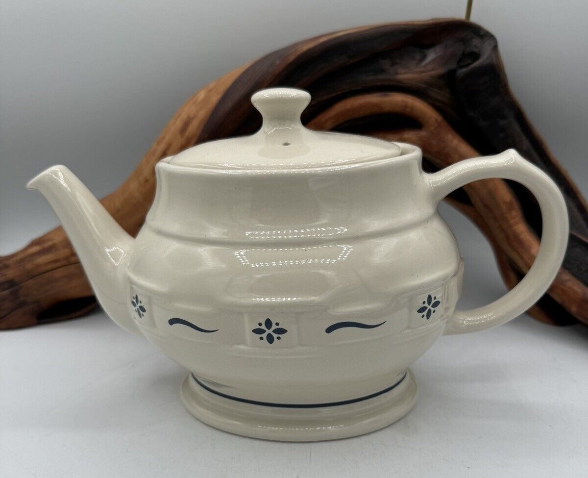 Longaberger Pottery Woven Tradition Ivory Green Oval Hostess Teapot w Lid No Box