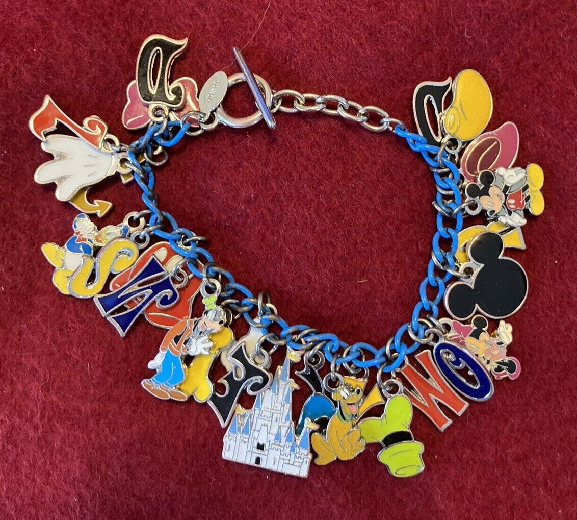 RETIRED Disney World Silvertone And Blue Chain Charm Bracelet, 8 Inches
