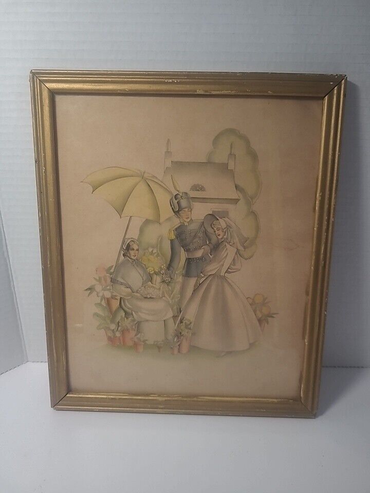 1920s FRENCH CRINOLINE LADIES & SOLDIER LITHOGRAPH BUTTERY CHIPPY WOOD FRAMES