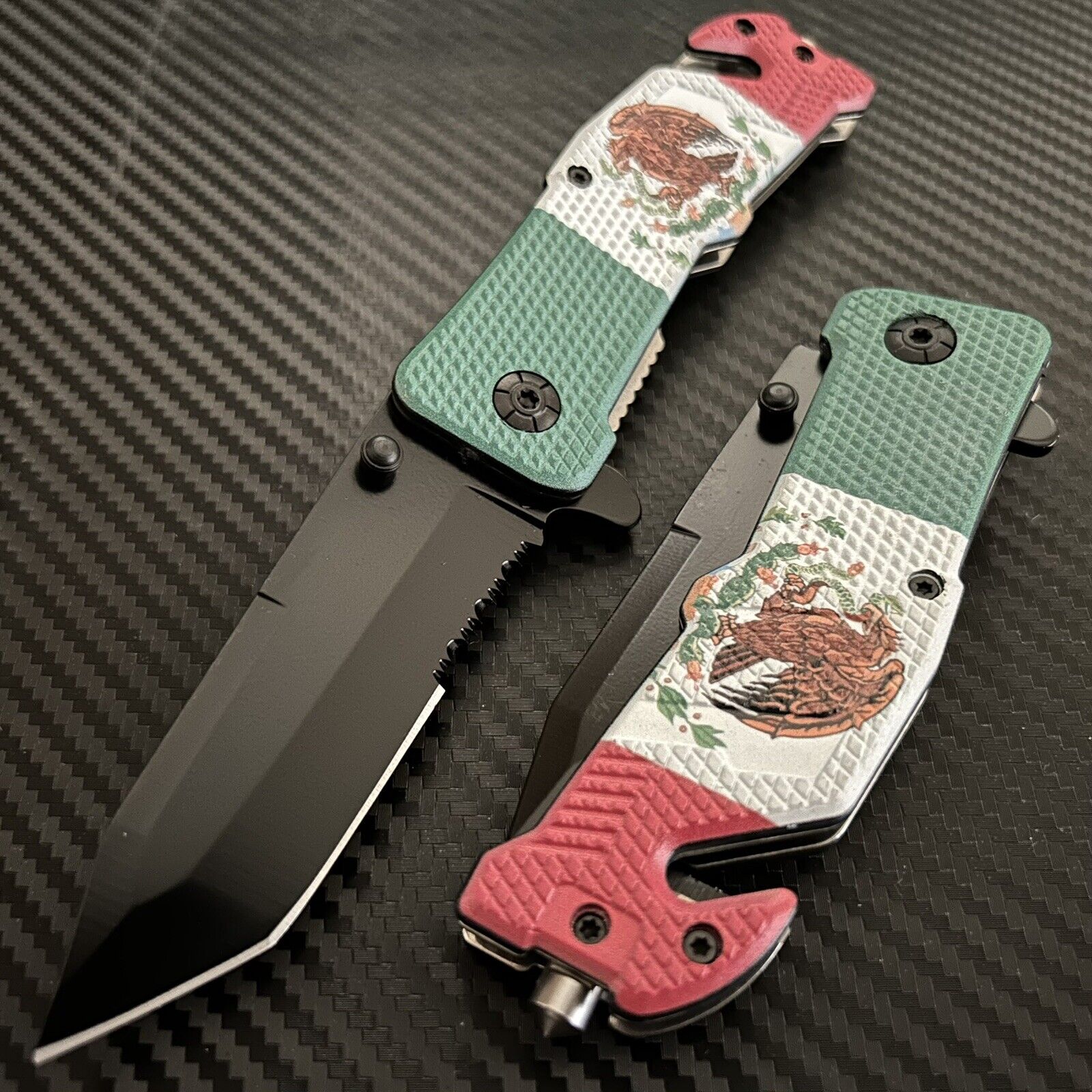 8.5”Mexican Flag 3D Print Handle Spring Assisted Open Blade Folding Pocket Knife