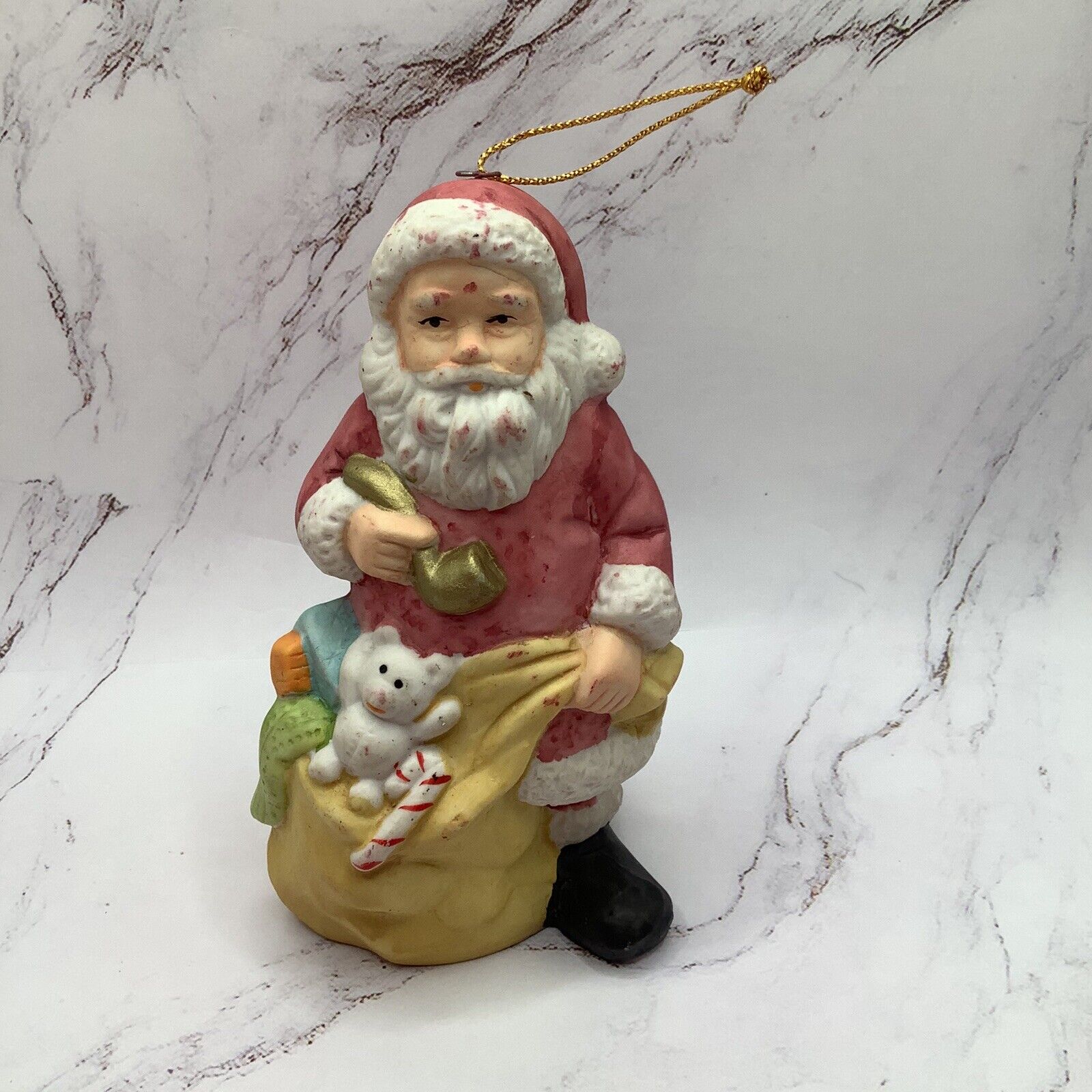 Vintage Price Products Porcelain Pink Santa With Pipe And Bag Of Toys 4.5” H