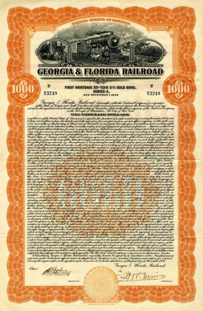 Georgia and Florida Railroad - $1,000 - Railroad Bonds