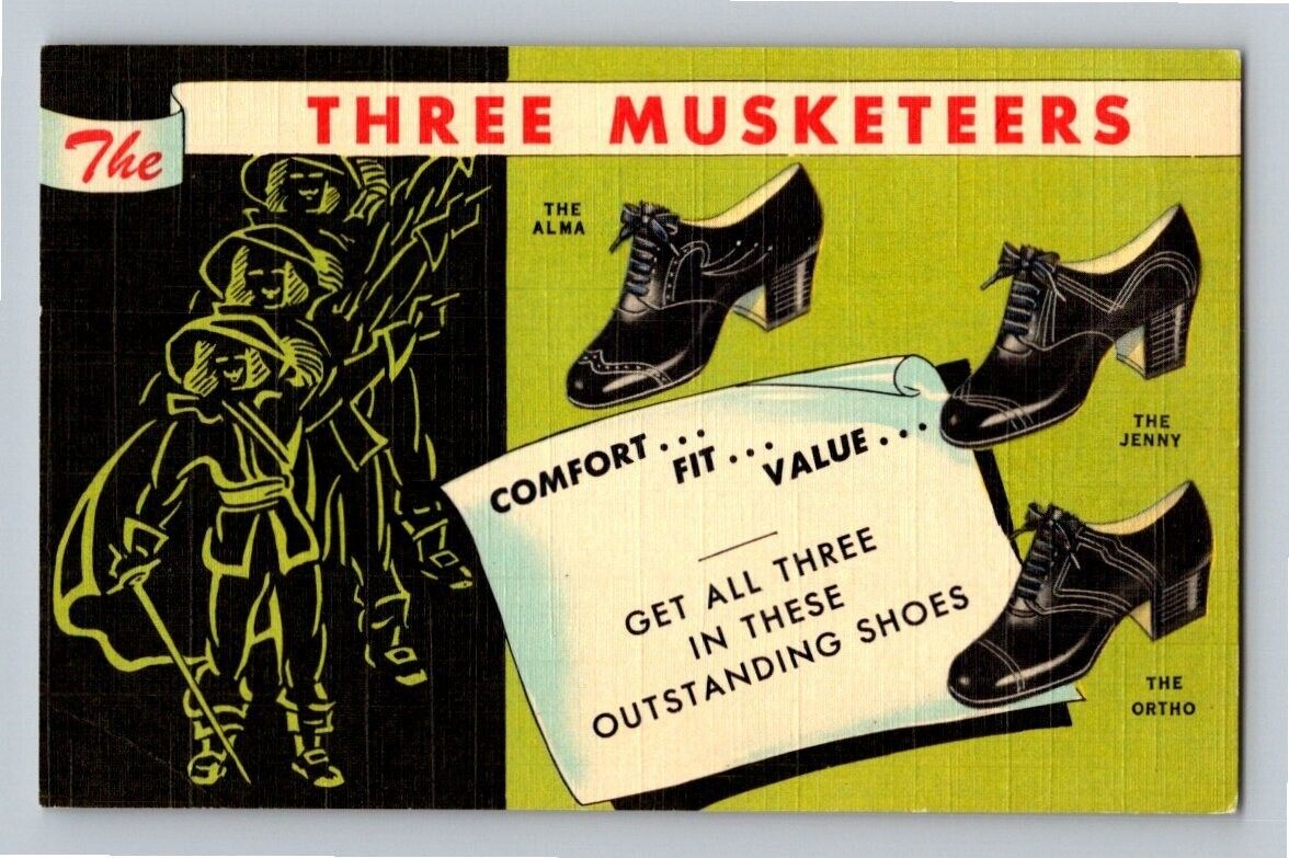 1940'S. THE THREE MUSKETEERS SHOE ADVERTISING. POSTCARD WA15