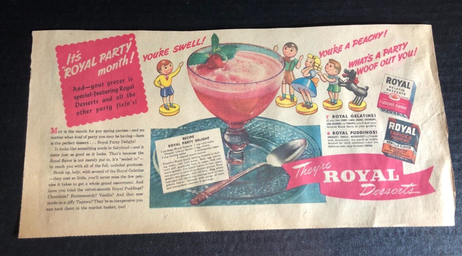 1941 Royal Desserts “It’s Royal Party Month” w/ recipe print ad 15.5x7.5”