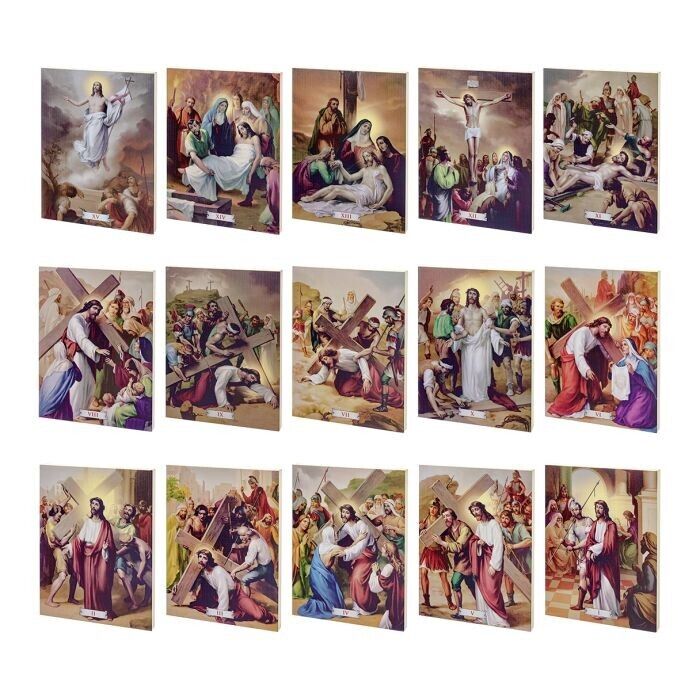Stations of the Cross Set of 15 Gold Embossed Wood Plaques