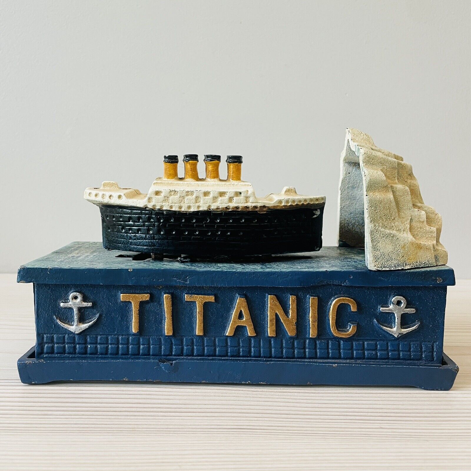 Vtg Titanic Ship Bank Hitting Iceberg Cast Iron Reproduction Coin Toy Mechanical