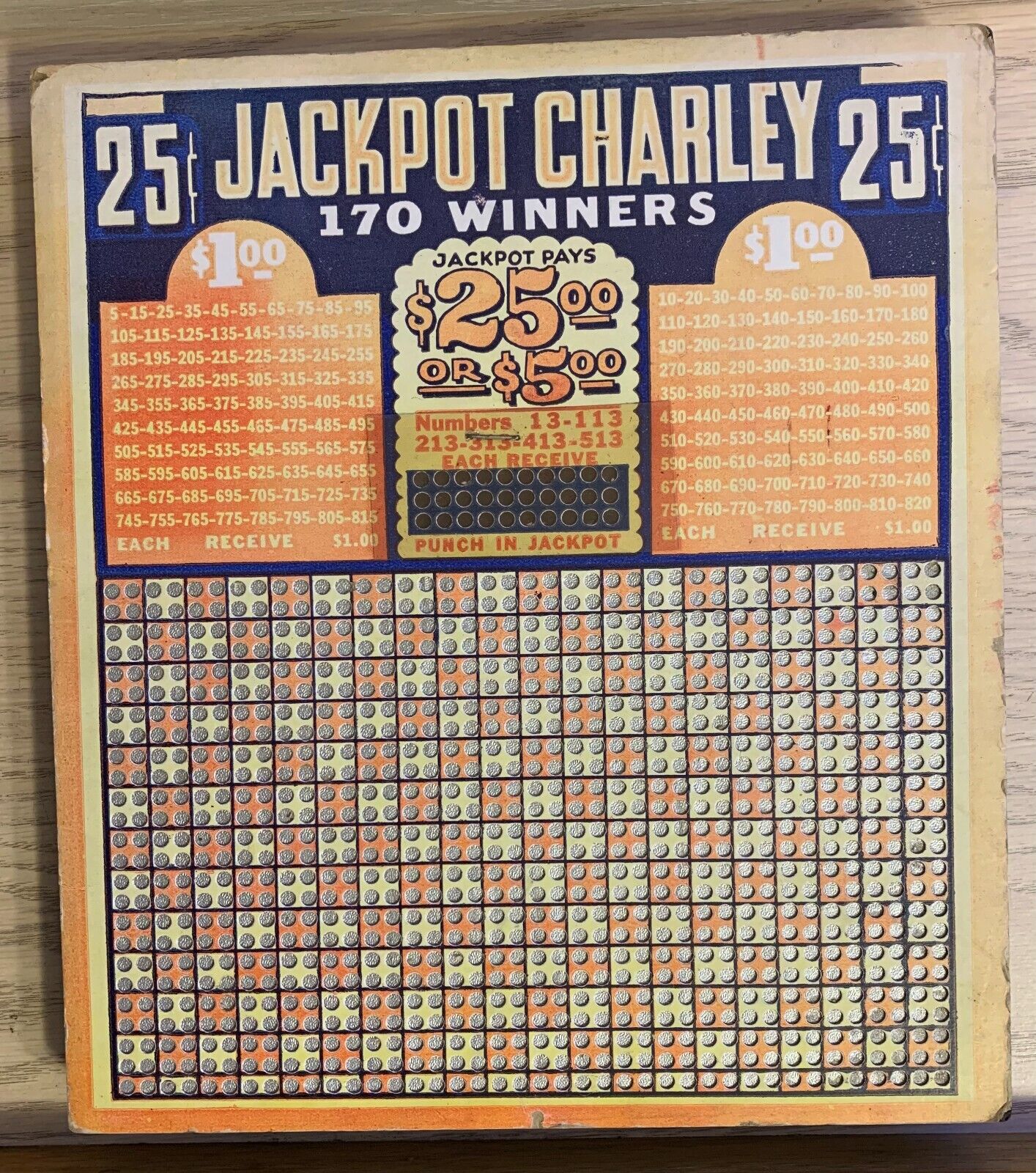 Jackpot Charley - Unpunched Trade Stimulator Board - w/ Rare Warning Label