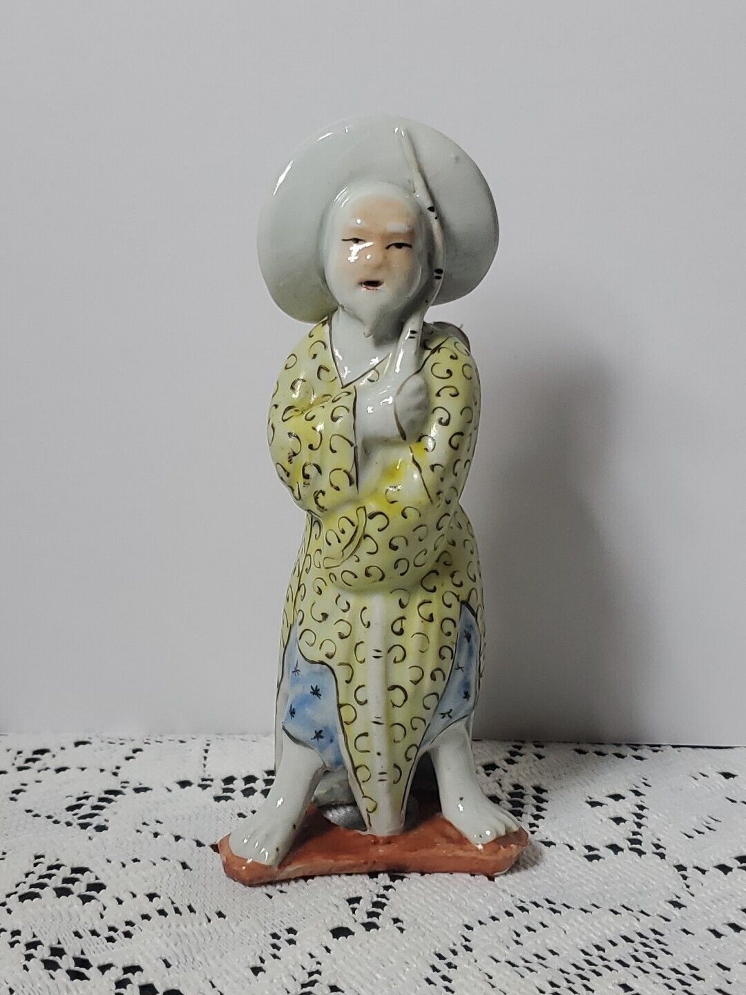 Antique CHINESE PORCELAIN FIGURINE OLD MAN with FISH Hand Painted 6 1/2