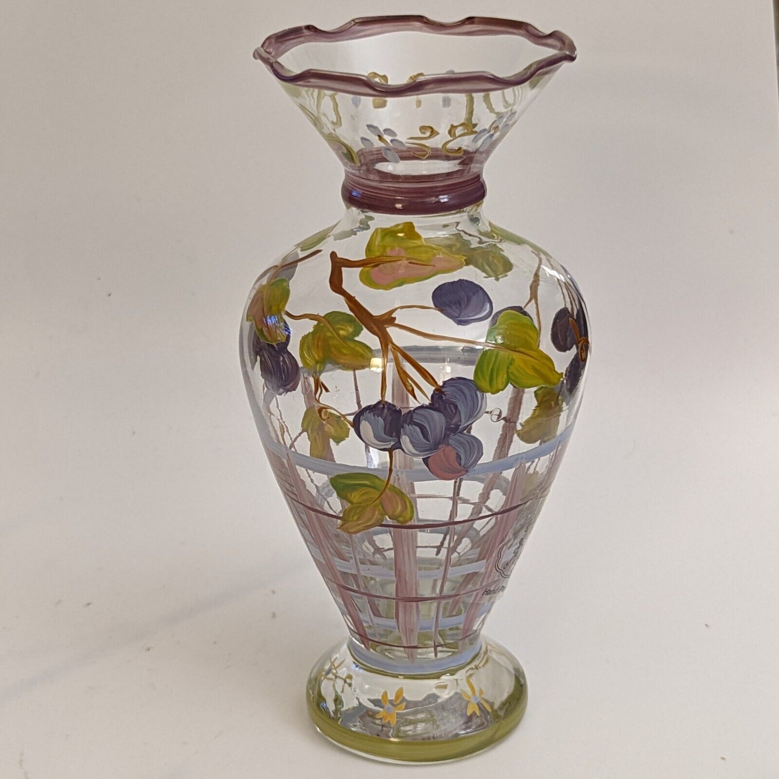 Tracey Porter Hand Painted Glass Bud Vase Grapes and Leaves Purples Yellow Brown