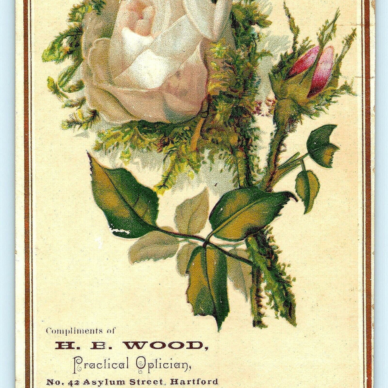 c1880s Asylum St Hartford CT HE Wood Practical Optician Trade Card Embossed C6