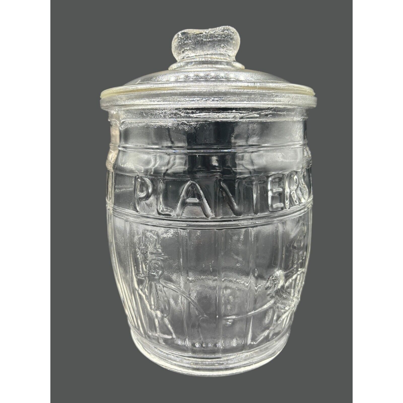 Vintage Planters Peanuts Mr. Peanut Clear Glass Barrel Lidded Jar Canister Cooki