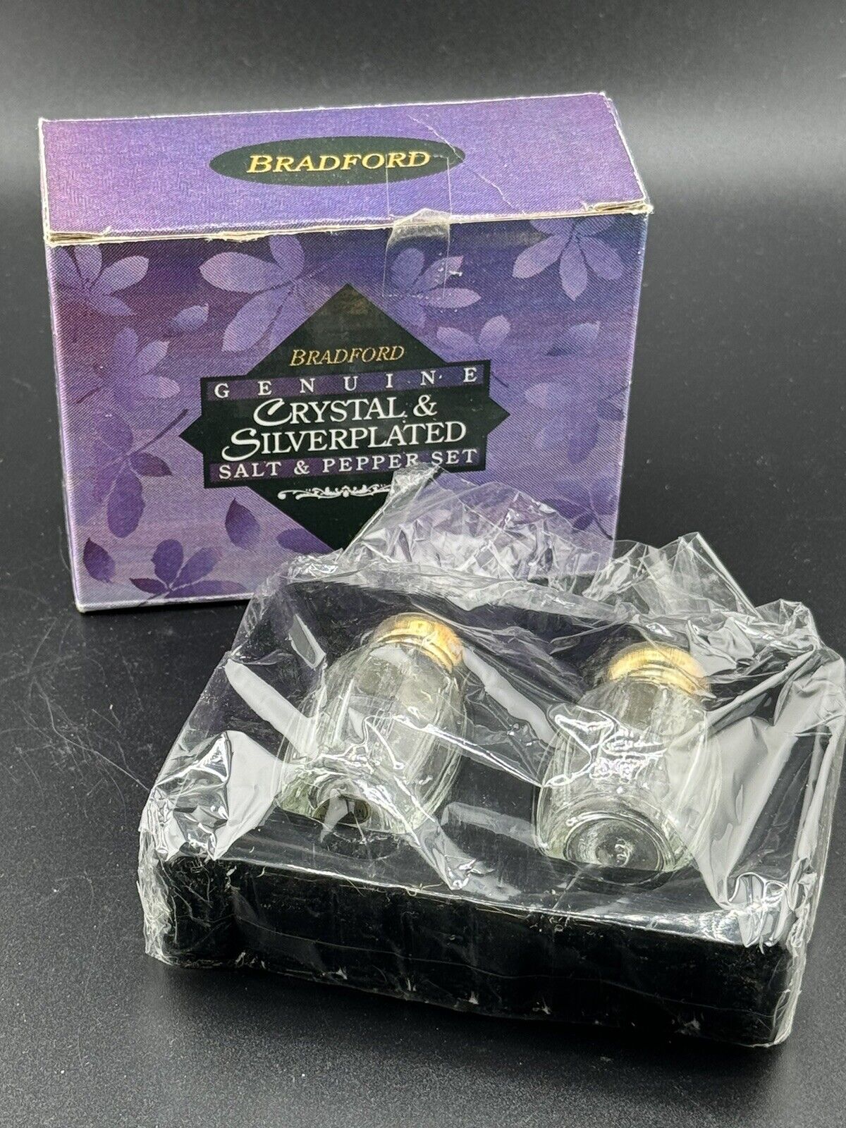 New Sealed Crystal and Silver Plated Salt and Pepper Set 2”