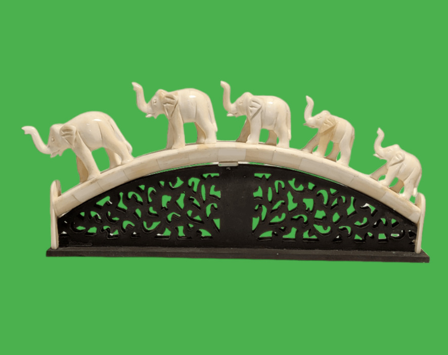 Bone Sculpted 5 Figurine Elephant Bridge With Wooden Stand