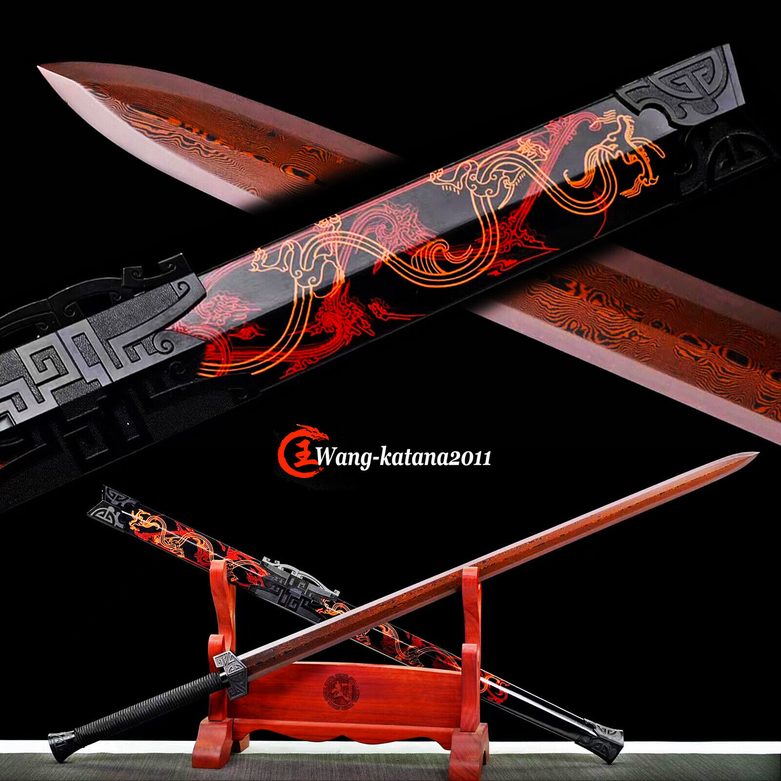 42\'Red Dragon Damuscus Folded Steel Sharp Chinese Han DynastyJian Straight Sword