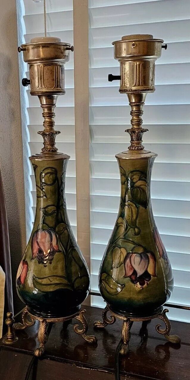 1948 Walter MOORCROFT Art Pottery Large Fuschia Floral Table Lamps WORK