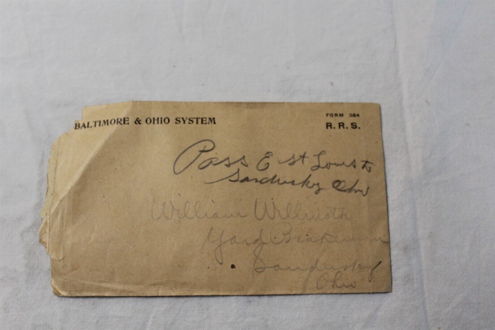 1914 Baltimore & Ohio Railroad Co. Time Slip with Handwritten Envelope Antique