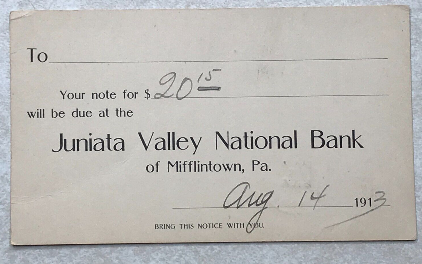 G433 Postcard Postal Card Juniata Valley National Bank Mifflintown PA 1913