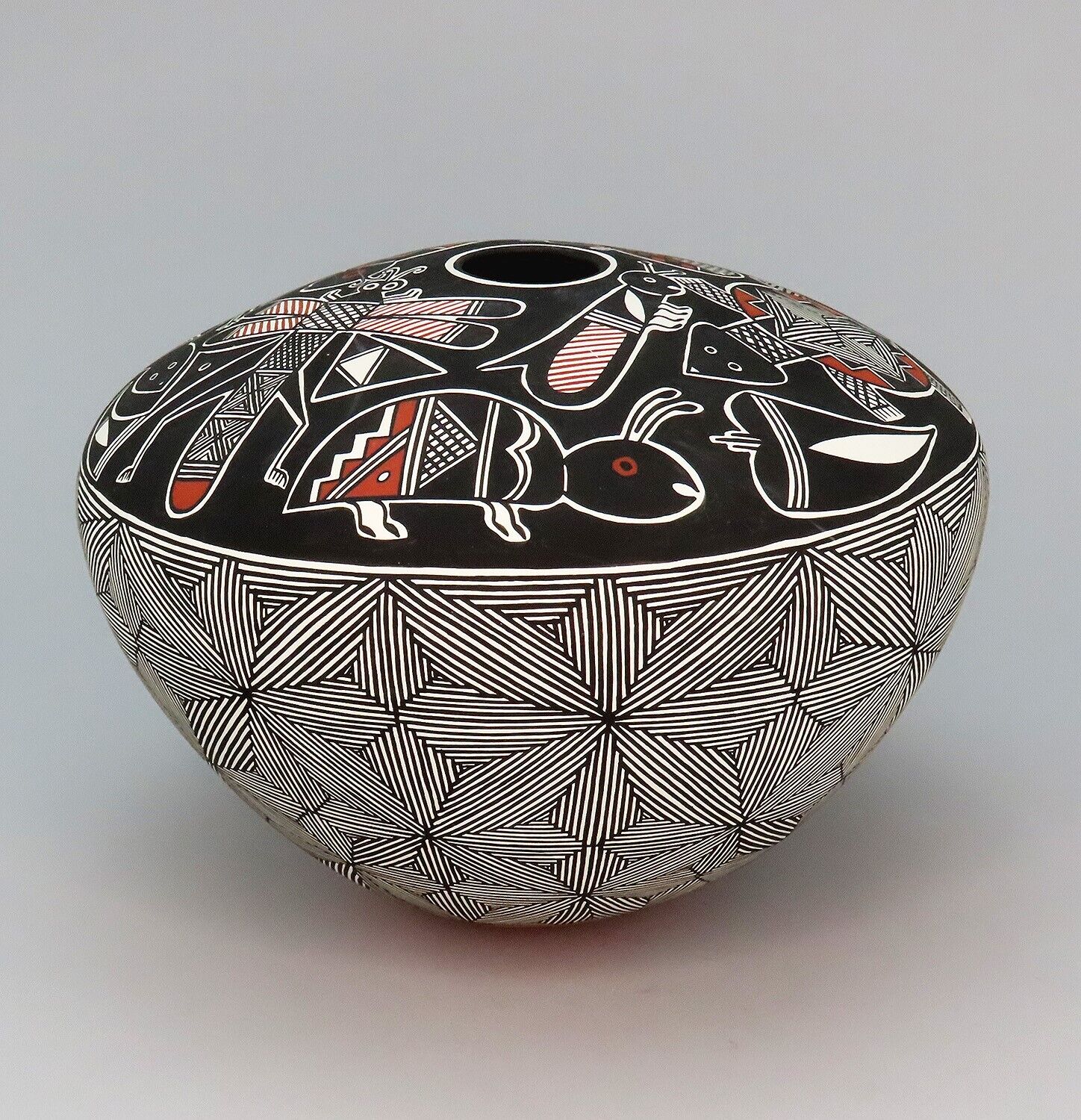 Signed Acoma Pueblo Geometric Zoomorphic Pottery Seed Pot Vase Eye Dazzler