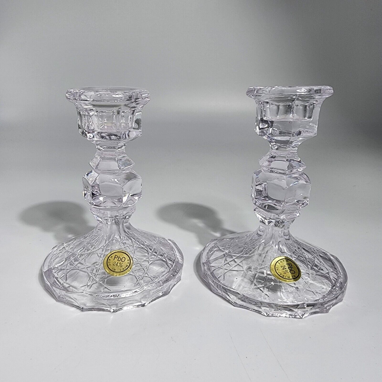Crystal Pedestal Candlesticks Candleholders Pair PbO 24% Vintage Made in Taiwan