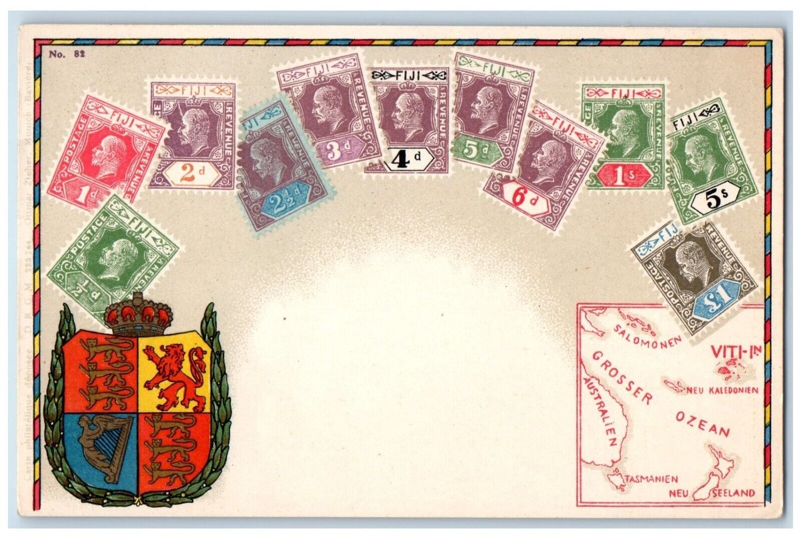 c1910\'s Fiji Stamps Royal Seal Map Ottmar Zieher Royal Seal Antique Postcard
