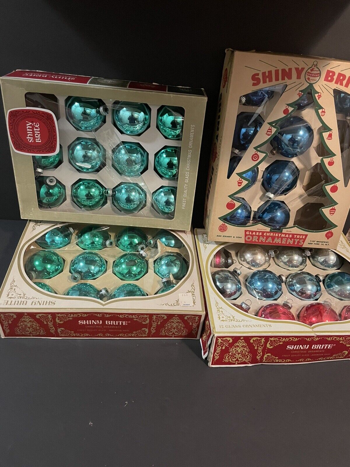 Vintage Shiny Brite Christmas Ornaments - Blue Silver Green
