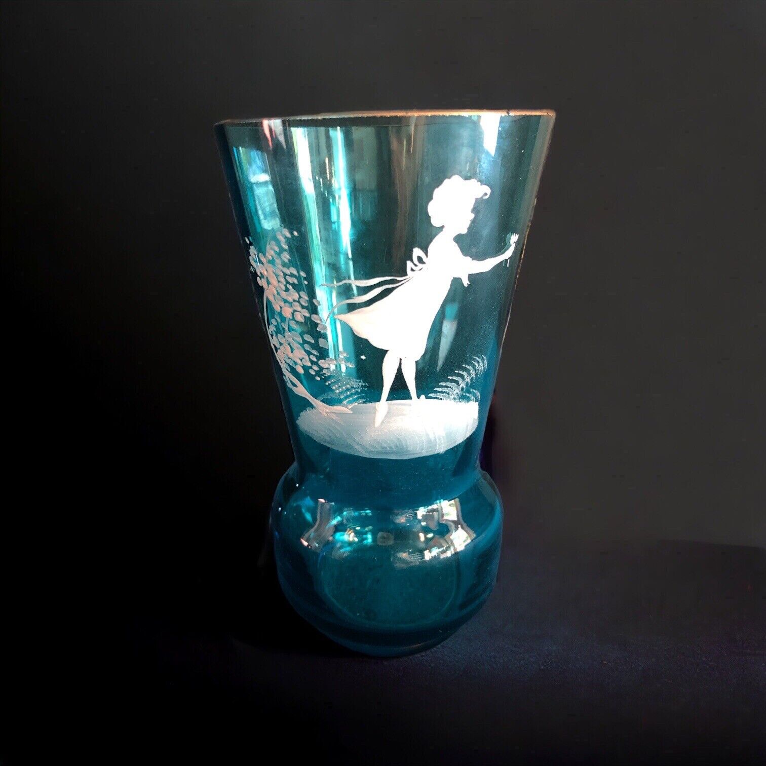 Mary Gregory Glass Tumbler Hand Painted Flower Posy Aqua Blue 