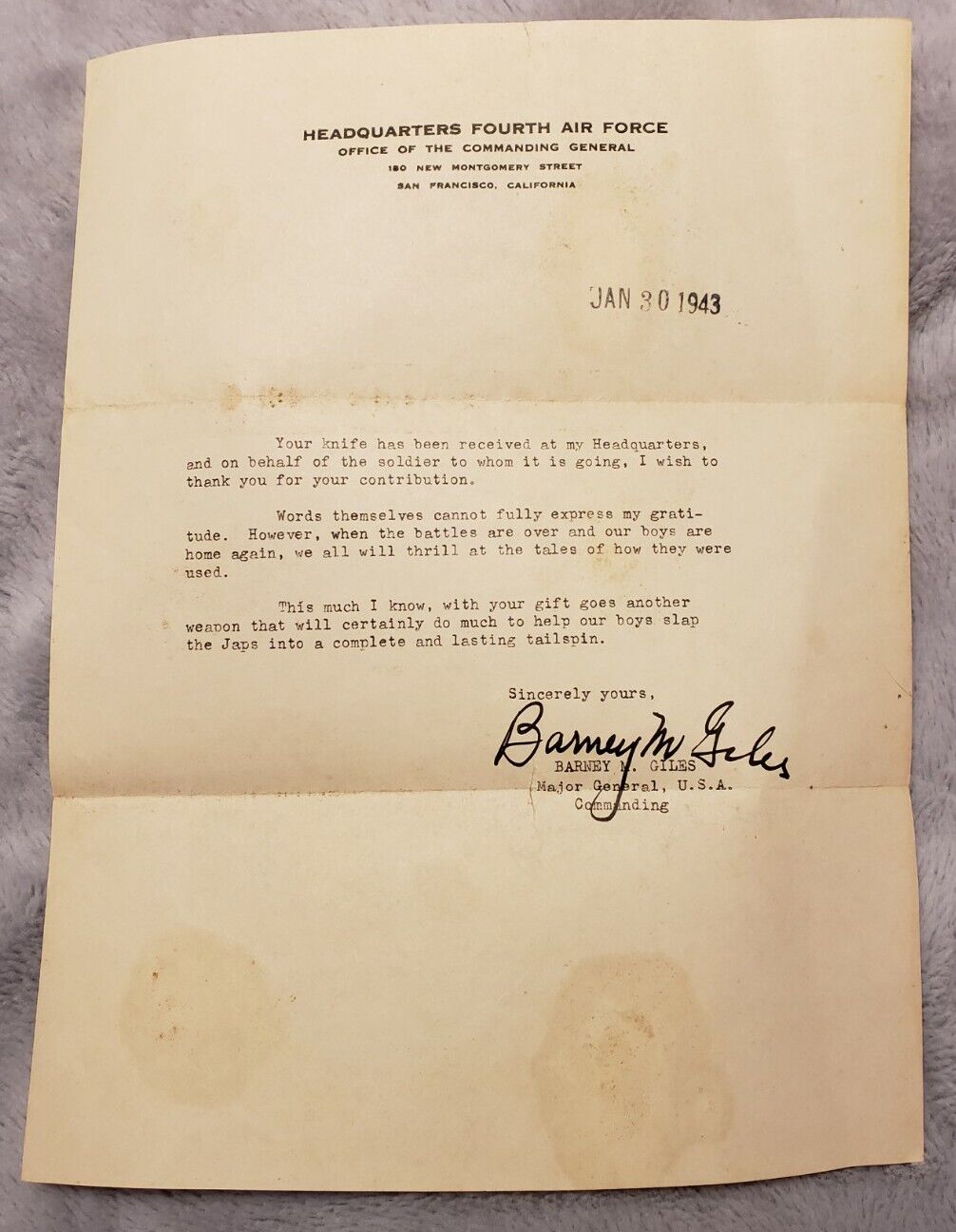 WW2 Letter from Major Gen. Barney M. Giles, Headquarters 4th Air Force, 1943